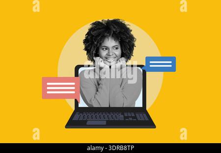 La donna è impegnata in una conversazione online con un notebook in un ambiente luminoso Foto Stock