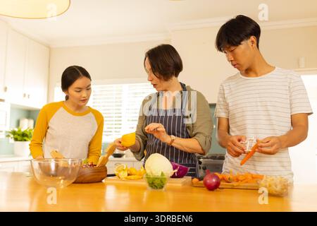 Cucinare insieme, una famiglia multirazziale prepara verdure in cucina, godendo del tempo di qualità Foto Stock