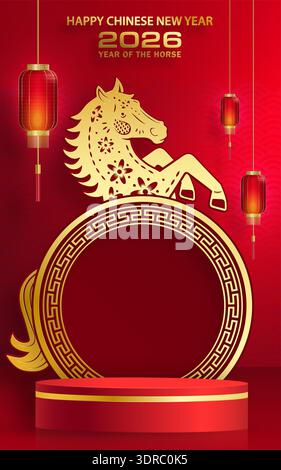 Palco 3d sul podio per felice Capodanno cinese 2026 insegna Horse Zodiac, su sfondo a colori (traduzione cinese: Felice anno nuovo 2026, anno di cavallo) Foto Stock