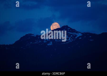 Luna piena che si innalza su una vetta innevata al crepuscolo Foto Stock