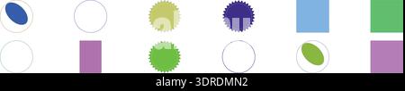 Moderna grafica vettoriale piatta di vari cerchi colorati, ovali, rettangoli e forme a stella per badge, etichette ed elementi di design. Illustrazione Vettoriale
