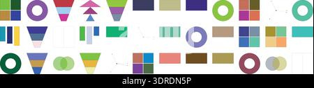 Raccolta di diversi elementi infografici geometrici astratti colorati: Quadrati, cerchi, imbuti, triangoli, rettangoli, e i diagrammi di Venn su bianco. Illustrazione Vettoriale
