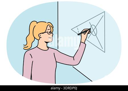 Studentessa di matematica scrive formule sulla lavagna, risolvendo equazioni complesse Foto Stock