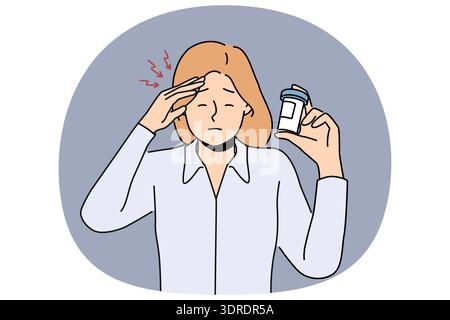 La donna soffre di mal di testa e dimostra un pacchetto di medicinali per far fronte all'emicrania Foto Stock