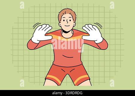 Portiere di calcio uomo che si prepara a prendere calcio dai giocatori della squadra avversaria Foto Stock