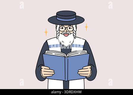 Il vecchio ebreo legge la torah, studiando il Vangelo e preghiere per la visita dello shabbat alla sinagoga Foto Stock