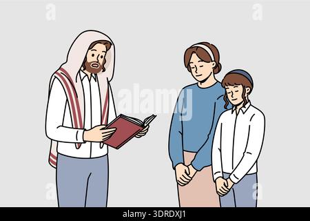 L'uomo ebreo religioso legge la torah a moglie e figlio alla vigilia di hanukkah o Pasqua. Foto Stock