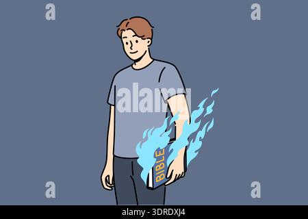 L'uomo tiene la bibbia e sente l'energia magica emanata dal libro religioso con un vecchio testamento o preghiere Foto Stock