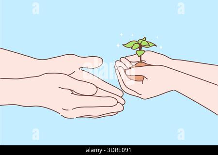 Verde, giardinaggio, concetto di agricoltura. Mani umane palmi che tengono e passando piccolo germoglio o segando ad altri. Protezione della terra e ambiente c Foto Stock