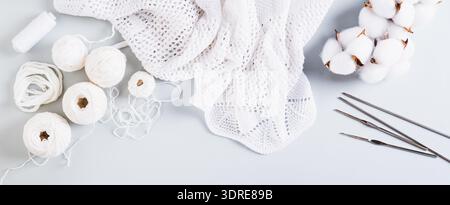 Concetto di maglia, sfere, filettature, ganci e aghi per maglieria su banner Web blu con vista superiore Foto Stock