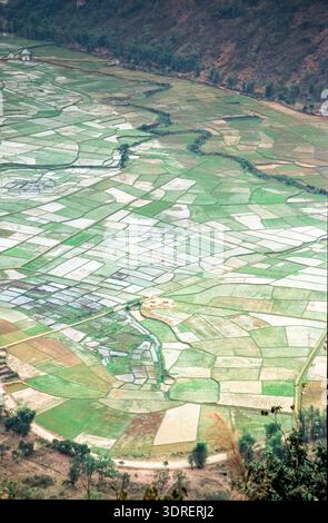 Eingescanntes Diorgov einer historischen Farbaufnahme von gewässerten Reisfeldern in Vietnam aus der Vogelperspektive Foto Stock