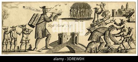 Questa incisione e incisione del 1681, "A Raree Show", satira il re Carlo II con una testa di Giano che porta una scatola di raree, seguita da tre uomini con una chiave, una pergamena e uno scettro sul Tower Bridge etichettato "West-Ward Hoy". Dall'altra parte, Carlo II viene mostrato cadere in una palude assalita da figure che rappresentano il Parlamento, con oggetti provenienti dalla sua scatola di trucchi politici, tra cui la testa del Papa. Lo sfondo include uomini etichettati 'Dom. COM' e un edificio etichettato 'Lous-Hall' vicino Oxford, enfatizzando la satira e il commento politico nell'Inghilterra del XVII secolo. Foto Stock
