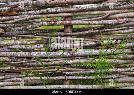 Dettaglio di recinzione rustica o da giardino fatta a mano di rami e tronchi di vimini. Sfondo naturale per recinzione in legno. Decorazioni rurali. Foto Stock