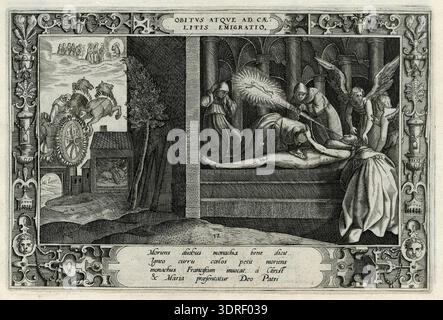 La tavola 12 di questa serie del 1575 circa raffigura la morte e l'ascensione dell'anima di San Francesco. A destra, un monaco sul suo letto di morte è circondato da monaci e un angelo; la sua anima lascia il suo corpo in un raggio di luce. A sinistra, un carro trainato da due cavalli sale verso il cielo. L'immagine è ambientata in una cornice ornamentale e rilegata con 15 stampe aggiuntive e 3 fogli di carta stampata, tra cui titlepage, dedica e versi esplicativi latini, che illustrano le tecniche di incisione e incisione religiose rinascimentali. Foto Stock
