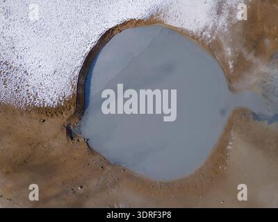Vista aerea di una piscina geotermale con acqua azzurra lattiginosa circondata da terreno marrone e bianco, che crea un paesaggio surreale e ultraterreno, Hafnarfjaroa Foto Stock