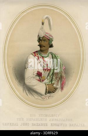 Questa cromolitografia del 1850 di Charles Baugniet, stampata da M & N Hanhart e pubblicata da Louis Antoine Jullien, raffigura l'Ambasciatore generale Nepaulese Jung Bahadur Rana in un ritratto a mezza lunghezza. Indossa abiti etnici e guarda a sinistra all'interno di una cornice ovale. La stampa illustra la cromolitografia della metà del XIX secolo, la ritrattistica diplomatica, la rappresentazione visiva dell'abbigliamento, della postura e dello status formale dei dignitari stranieri nei media stampati europei. Foto Stock