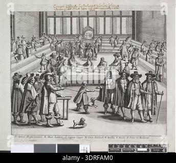 Questa incisione e incisione risalente al 1653 mostra che Oliver Cromwell scioglie il lungo Parlamento. Cromwell si trova al bar della camera dei comuni, comandando ai membri di partire mentre figure come il generale Lambert, Anthony Ashley Cooper e Walter Strickland testimone. Sullo sfondo, il generale Harrison rimuove il presidente Lenthall e gli impiegati dai registri parlamentari. La stampa illustra la satira, l'autorità politica, la governance e la procedura parlamentare nella metà del XVII secolo in Inghilterra. Foto Stock