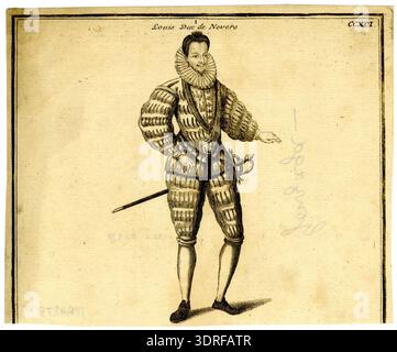 Incisione del XVI secolo che mostra Lodovico Gonzaga, Duca di Nevers, figura a figura intera girata a destra, braccio sinistro allungato, con doppio taglio, manichetta, Ordre du Saint-Esprit, cofano, ruggine e orecchini rivestiti di peluche. L'illustrazione enfatizza l'abbigliamento nobile, la moda di corte, le insegne di rango e le convenzioni di ritrattistica rinascimentale in stile italiano della metà del XVI secolo. Foto Stock