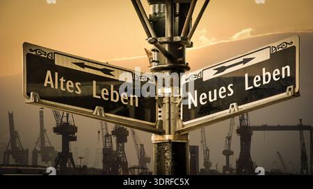 Indica la strada diretta verso la nuova vita contro la vecchia vita Foto Stock