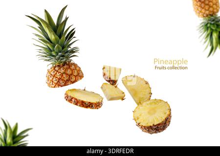 Ananas fresco e succoso di frutta tropicale che vola isolato su sfondo bianco. Ananas a fette che cadono ananas. Foto Stock