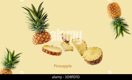 Ananas fresco e succoso di frutta tropicale che vola isolato su sfondo color vaniglia. Ananas a fette che cadono ananas. Foto Stock