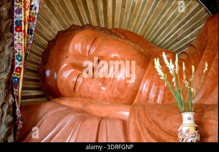 Eingescanntes Diorgov einer historischen Farbaufnahme eines schlafenden Buddhas in einer Pagode in Vietnam Foto Stock