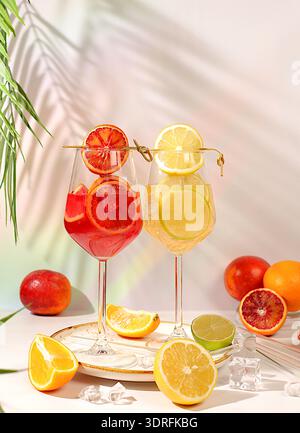 Due cocktail reali di arancia e limone, cubetti di ghiaccio, rum e tequila. Volantino con bicchieri di varie bevande alcoliche e tr Foto Stock