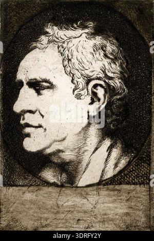 Questa stampa di acquaforte e punto di essiccazione del 1860 di Samuel James Bouverie Haydon raffigura il dottor Johnson in un profilo di tre quarti a sinistra all'interno di una cornice ovale. Basato su un disegno di Ozias Humphry e su un ritratto di Reynolds, l'opera cattura le caratteristiche facciali, l'espressione e il posizionamento della testa. Stampato con inchiostro marrone, il ritratto riflette la tecnica di incisione britannica del XIX secolo, l'enfasi sulla precisione anatomica, la luce e l'ombra, la resa artistica e la presentazione formale su supporti stampati. Foto Stock