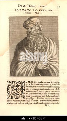 Questa incisione del 1584 e la stampa ritraggono Epifanio di Salamina, un uomo barbuto turbanato mostrato a mezza lunghezza, rivolto verso la parte anteriore, guardando a sinistra, tenendo in mano un libro. L'illustrazione, tratta da "Les vrais pourtraits et vies des hommes illustres" di Thevet, Parigi, mette in evidenza la ritrattistica ecclesiastica accademica, la prima cultura moderna della stampa e figure intellettuali cristiane nell'Europa del tardo XVI secolo. Foto Stock