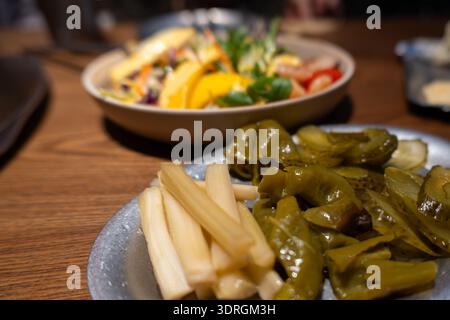 Verdure martellate turche e peperoni ripieni su piastra di metallo con insalata sullo sfondo Foto Stock