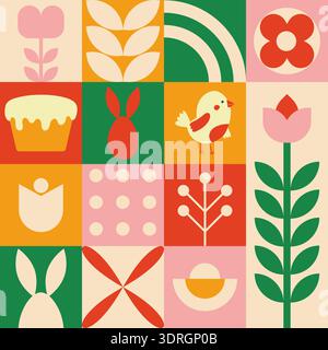 Motivo senza cuciture sul tema della felice Pasqua con elementi minimalistici: Simpatici conigli, torta pasquale e forme geometriche astratte. Il design è fatto Illustrazione Vettoriale