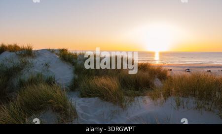 Alba mozzafiato sulle dune di sabbia e sulla tranquilla spiaggia della Danimarca Foto Stock