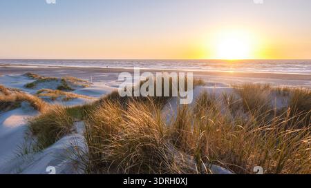 Tramonto dorato su una spiaggia tranquilla con dune e dolci onde in Danimarca Foto Stock