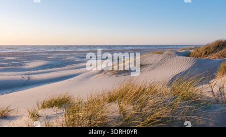 Tranquillo paesaggio costiero caratterizzato da dune di sabbia e dolci onde in Danimarca durante il tramonto Foto Stock