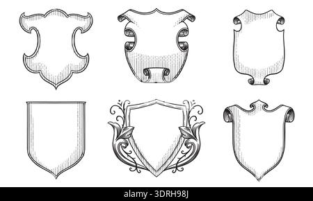 Scudi araldici per il design dello stemma. Incisione disegnata a mano in vecchio stile medievale tradizionale con rotoli e nastri, elementi moderni per Illustrazione Vettoriale