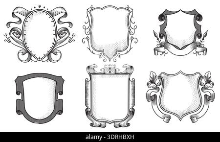 Scudi araldici per il design dello stemma. Incisione disegnata a mano in vecchio stile medievale tradizionale con rotoli e nastri, elementi moderni per Illustrazione Vettoriale