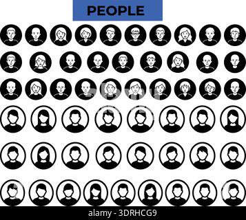 Set di icone Avatar persone – Collezione profili utente in bianco e nero Illustrazione Vettoriale