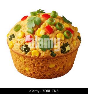 Questa immagine mostra un primo piano di un muffin con una parte superiore marrone-dorata, adornata da macchie colorate e pezzi di frutta. Il muffin sembra essere fresco Foto Stock