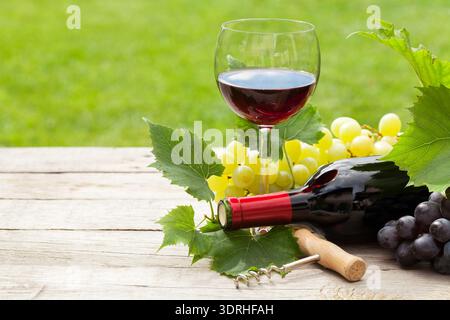 Vino rosso, bottiglia di vino e uva Foto Stock