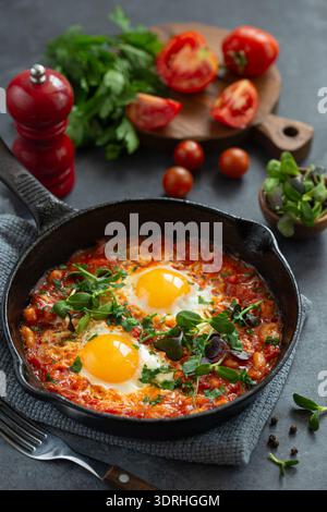 Shakshuka di pomodori e fagioli, uova fritte in padella di ghisa, servite con microverdure, sfondo scuro Foto Stock