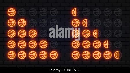 Scala di classificazione per basket neon con icone di palla arancione brillante. Lo stile sportivo dinamico mostra i progressi da uno a cinque livelli. Ottimo per i punteggi di gioco, fan Illustrazione Vettoriale