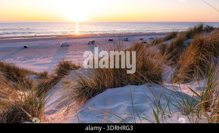 Il caldo sole tramonta sulla tranquilla spiaggia di Vejers Strand, Danimarca, che sfoggia sfumature dorate lungo il litorale. Dune morbide f Foto Stock