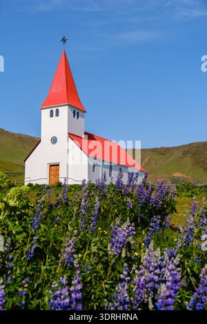 Esplora lo splendido paesaggio dell'Islanda, caratterizzato da una pittoresca chiesa con un vivace tetto rosso Foto Stock