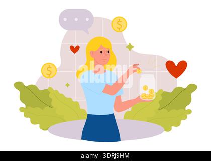 Risparmio di denaro. Giovane donna che mette monete nel salvadanaio. Concetto di risparmio e aumento del denaro. Illustrazione vettoriale. Illustrazione Vettoriale