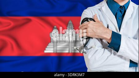 Medico con stetoscopio sulla bandiera della Cambogia. Medico con stetoscopio sulla bandiera della Cambogia Foto Stock
