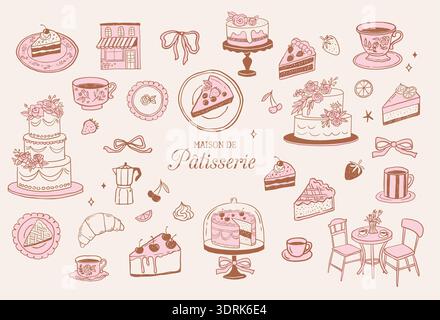 Set di icone, loghi ed etichette per pasticceria retrò e panetteria. Illustrazioni vintage di torte, caffè, dessert e dolci per il marchio del caffè Illustrazione Vettoriale