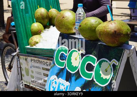 Noci di cocco verdi fresche in vendita presso un tradizionale carrello di vendita su una spiaggia soleggiata in Brasile. Foto Stock