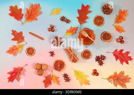 Composizione astratta autunnale con foglie d'acero, coni di pino, noci, cannella, anice stellato e bacche di rowan, natura morta e Thanksgi Foto Stock