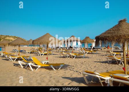 File di sdraio e ombrelloni sulla spiaggia sabbiosa Foto Stock
