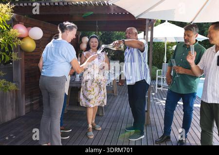 Gruppo di anziani che festeggiano all'aperto, brindano con bevande e si divertono. Festa, riunione, amici Foto Stock